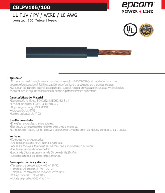 Cable solar negro 10 AWG 100 m