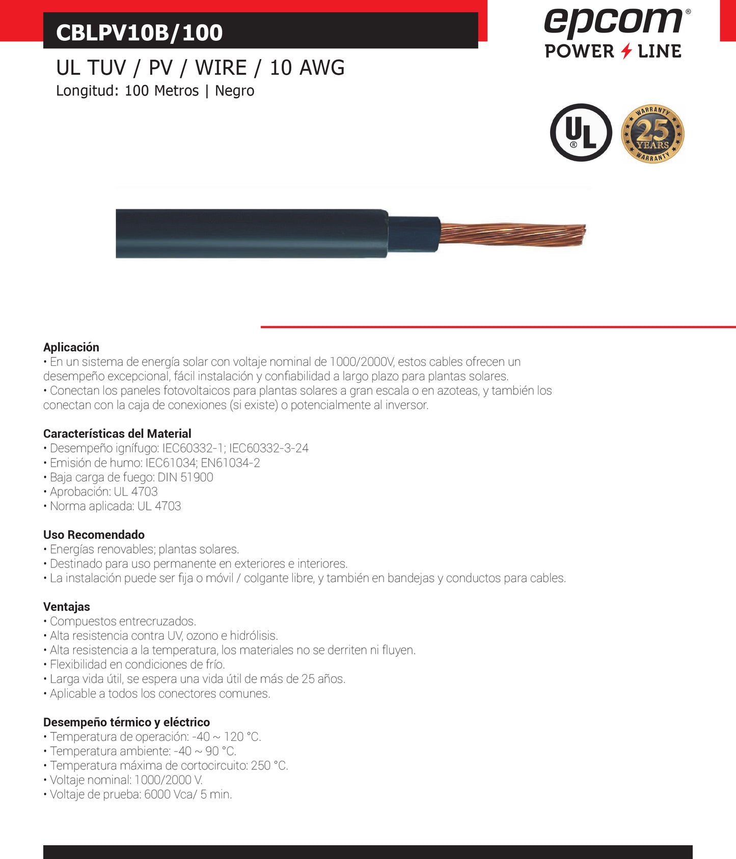 Cable solar negro 10 AWG 100 m