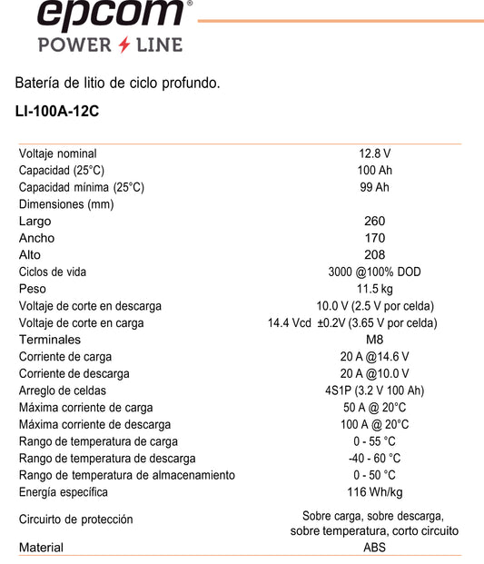 Batería de litio EPCOM Powerline 12.8V 100Ah